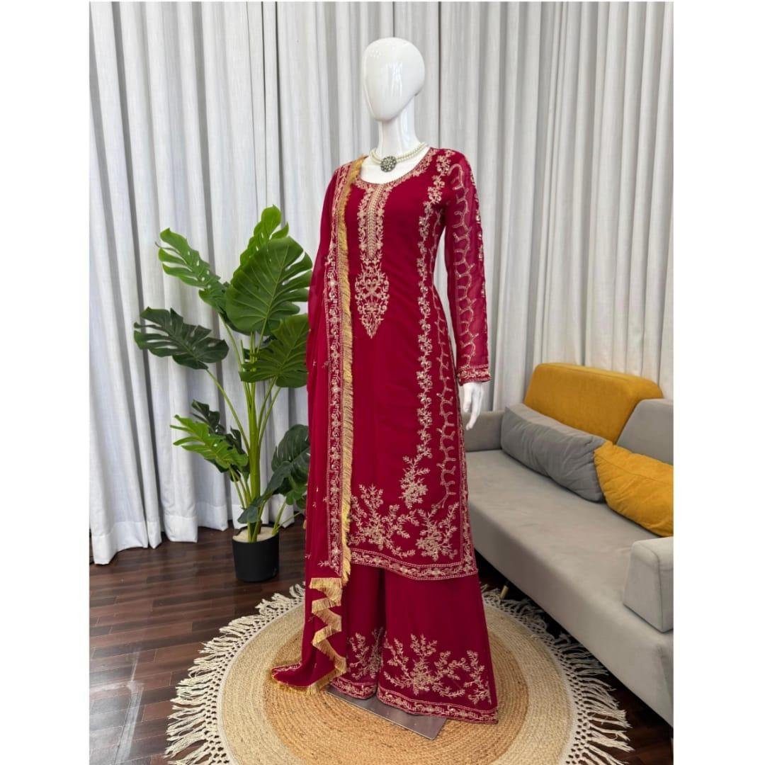 Faux Georgette Thread & Sequence Palazzo Set - Image 3