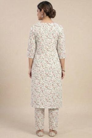 White Floral Printed Cotton Kurti Pant Set | Soft Pure Cotton | Daily & Office Wear