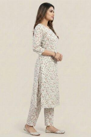 White Floral Printed Cotton Kurti Pant Set | Soft Pure Cotton | Daily & Office Wear