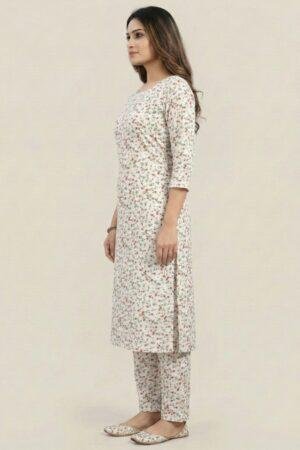 White Floral Printed Cotton Kurti Pant Set | Soft Pure Cotton | Daily & Office Wear