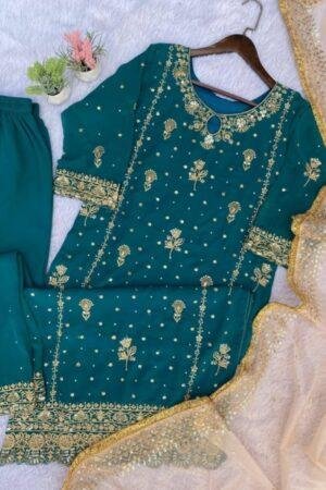 Desirable Fancy Faux Georgette Suit Set with Handmade Moti Work | 3 Colours Available