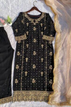 Desirable Fancy Faux Georgette Suit Set with Handmade Moti Work | 3 Colours Available