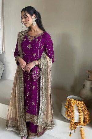 Desirable Fancy Faux Georgette Suit Set with Handmade Moti Work | 3 Colours Available
