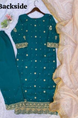 Desirable Fancy Faux Georgette Suit Set with Handmade Moti Work | 3 Colours Available