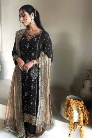 Desirable Fancy Faux Georgette Suit Set with Handmade Moti Work | 3 Colours Available