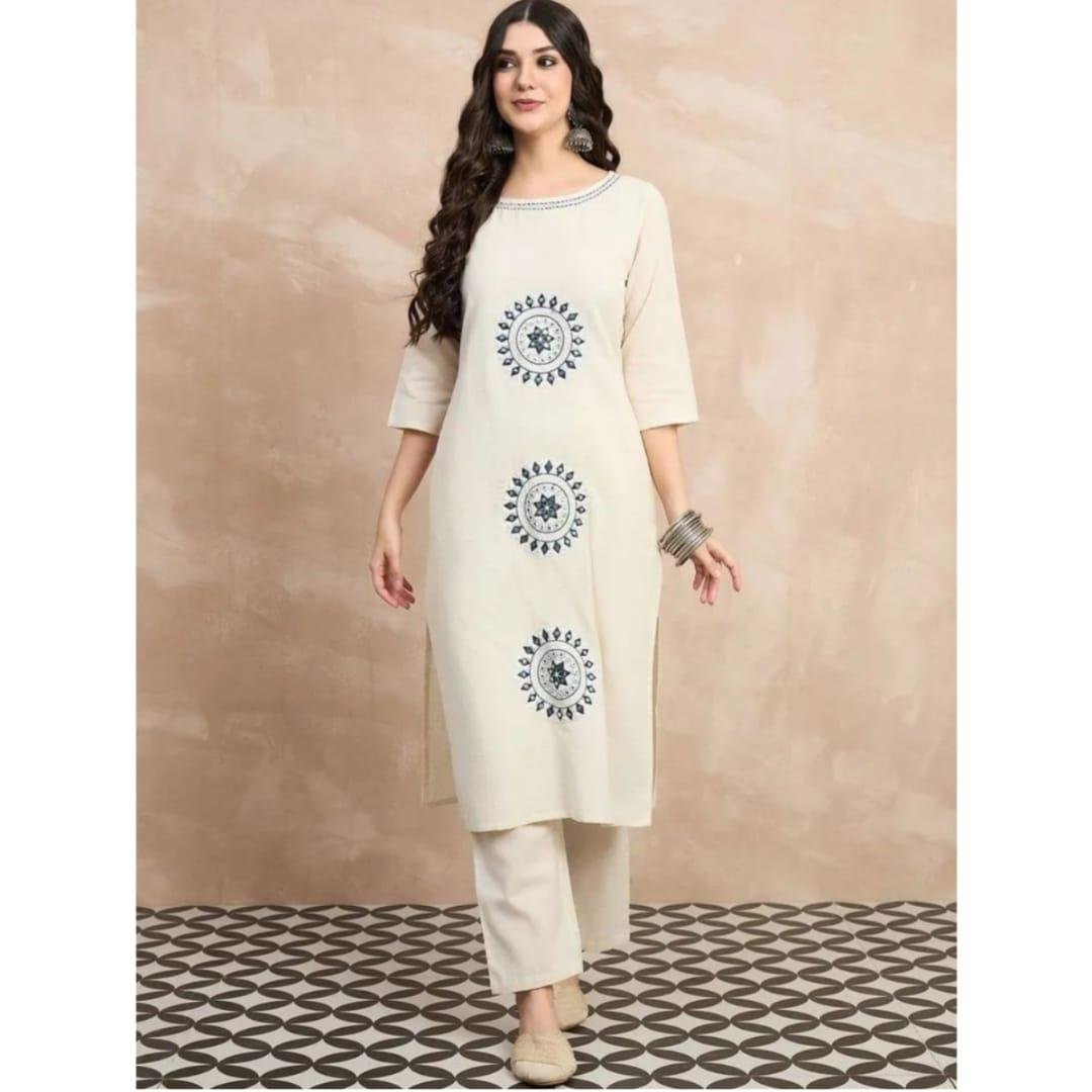 Elegant Ivory Cotton Flex Kurta Set with Blue Embroidered Motifs
