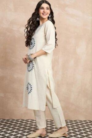 Elegant Ivory Cotton Flex Kurta Set with Blue Embroidered Motifs