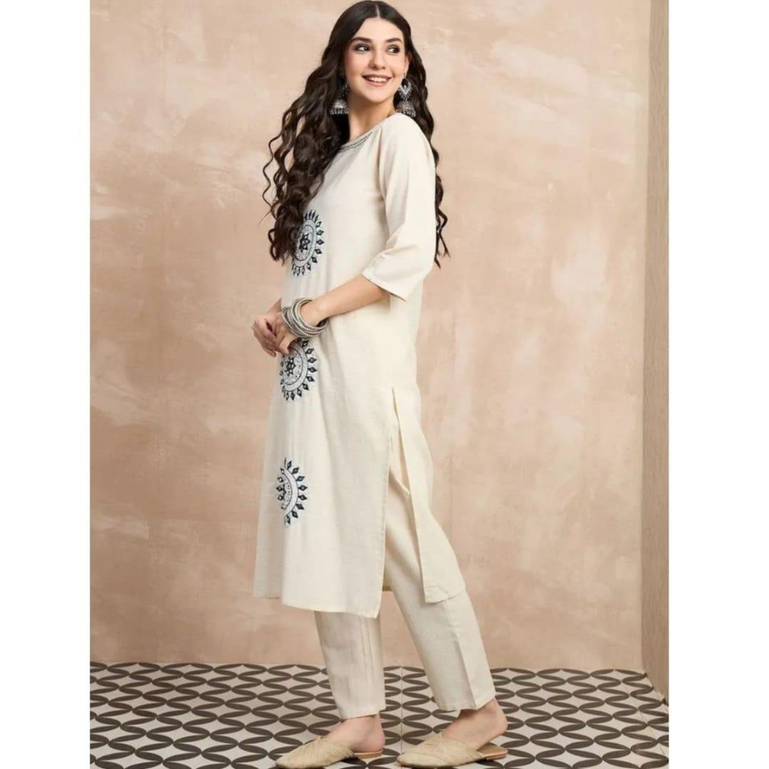 Elegant Ivory Cotton Flex Kurta Set with Blue Embroidered Motifs - Image 2