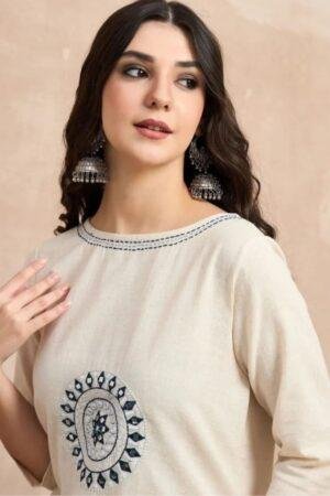 Elegant Ivory Cotton Flex Kurta Set with Blue Embroidered Motifs