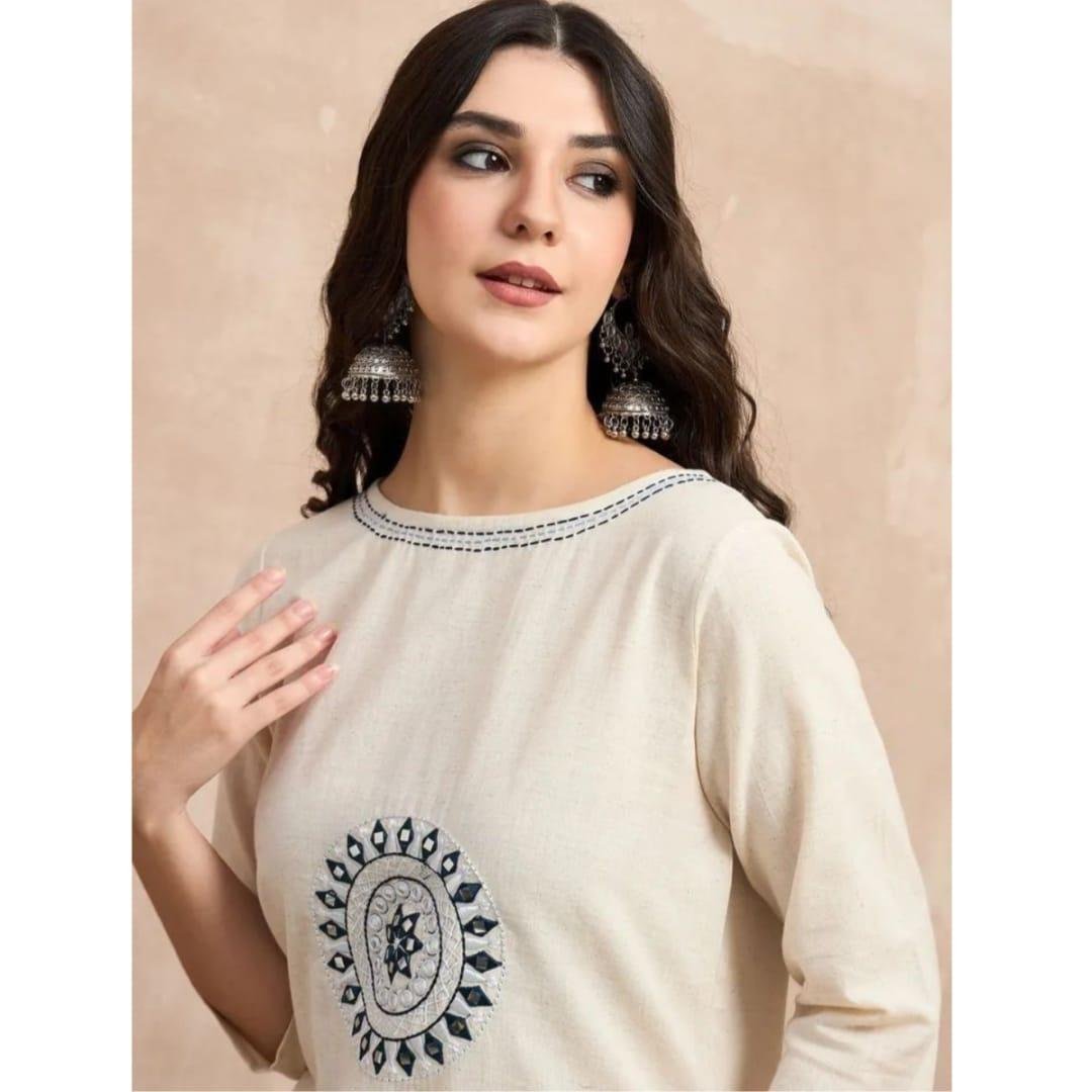 Elegant Ivory Cotton Flex Kurta Set with Blue Embroidered Motifs - Image 4
