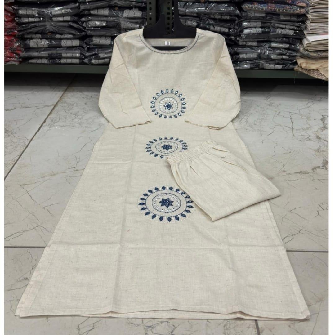 Elegant Ivory Cotton Flex Kurta Set with Blue Embroidered Motifs - Image 5