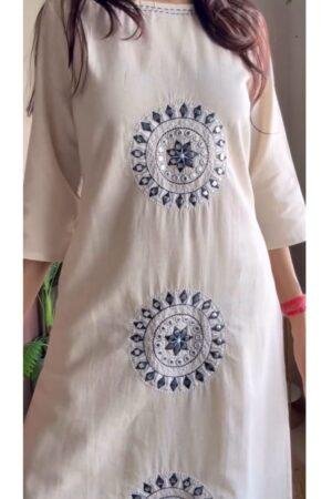 Elegant Ivory Cotton Flex Kurta Set with Blue Embroidered Motifs