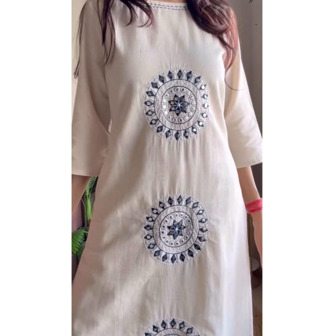 Elegant Ivory Cotton Flex Kurta Set with Blue Embroidered Motifs - Image 3