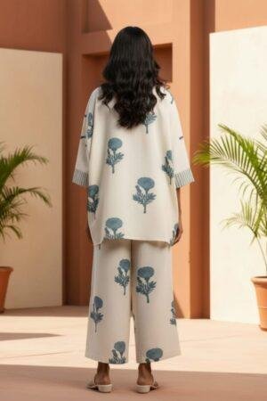Classy Cotton Flex Off-White Printed Kurta with Divider Palazzo Set