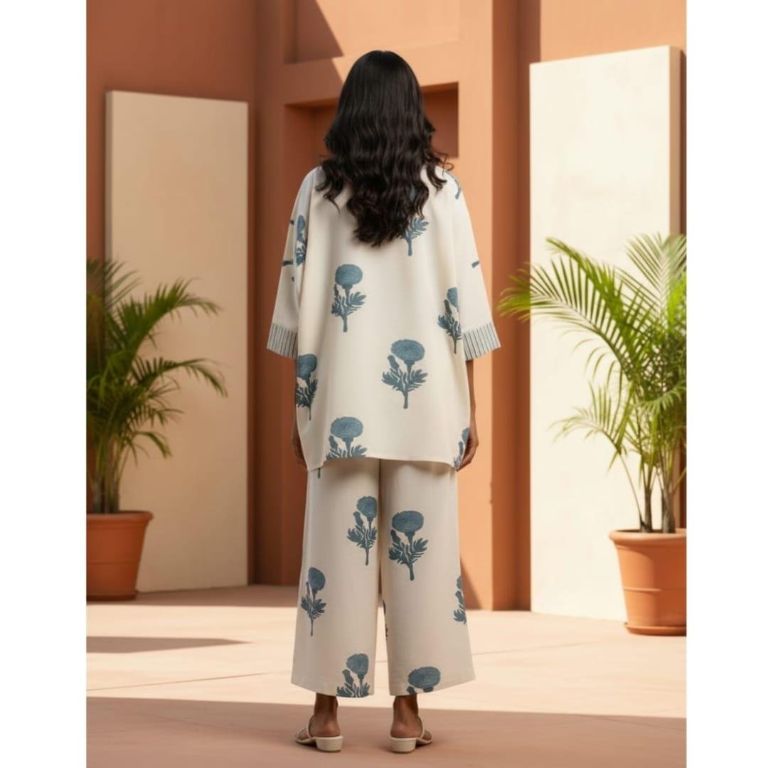 Classy Cotton Flex Off-White Printed Kurta with Divider Palazzo Set - Image 2