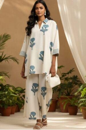 Classy Cotton Flex Off-White Printed Kurta with Divider Palazzo Set