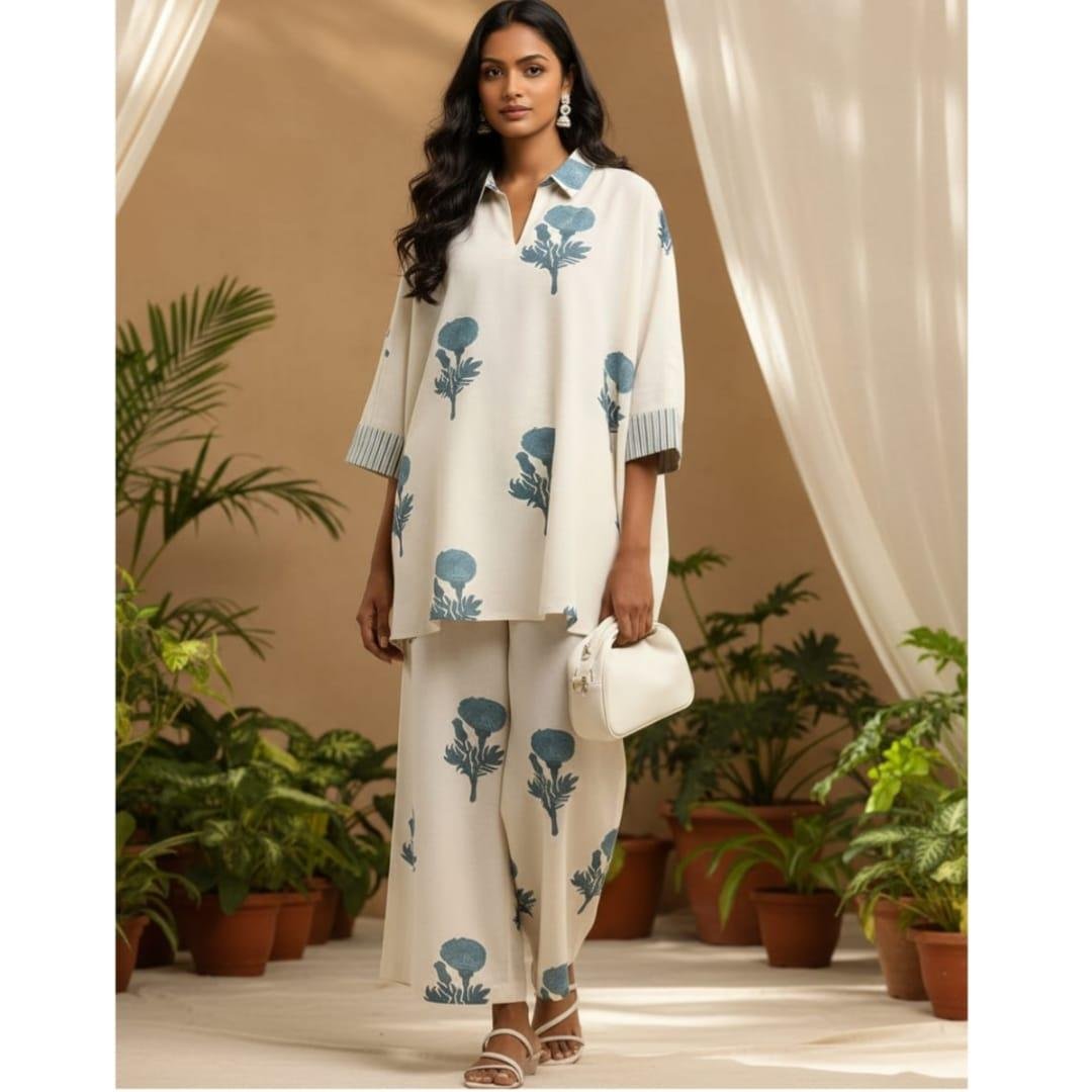 Classy Cotton Flex Off-White Printed Kurta with Divider Palazzo Set