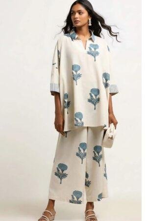 Classy Cotton Flex Off-White Printed Kurta with Divider Palazzo Set