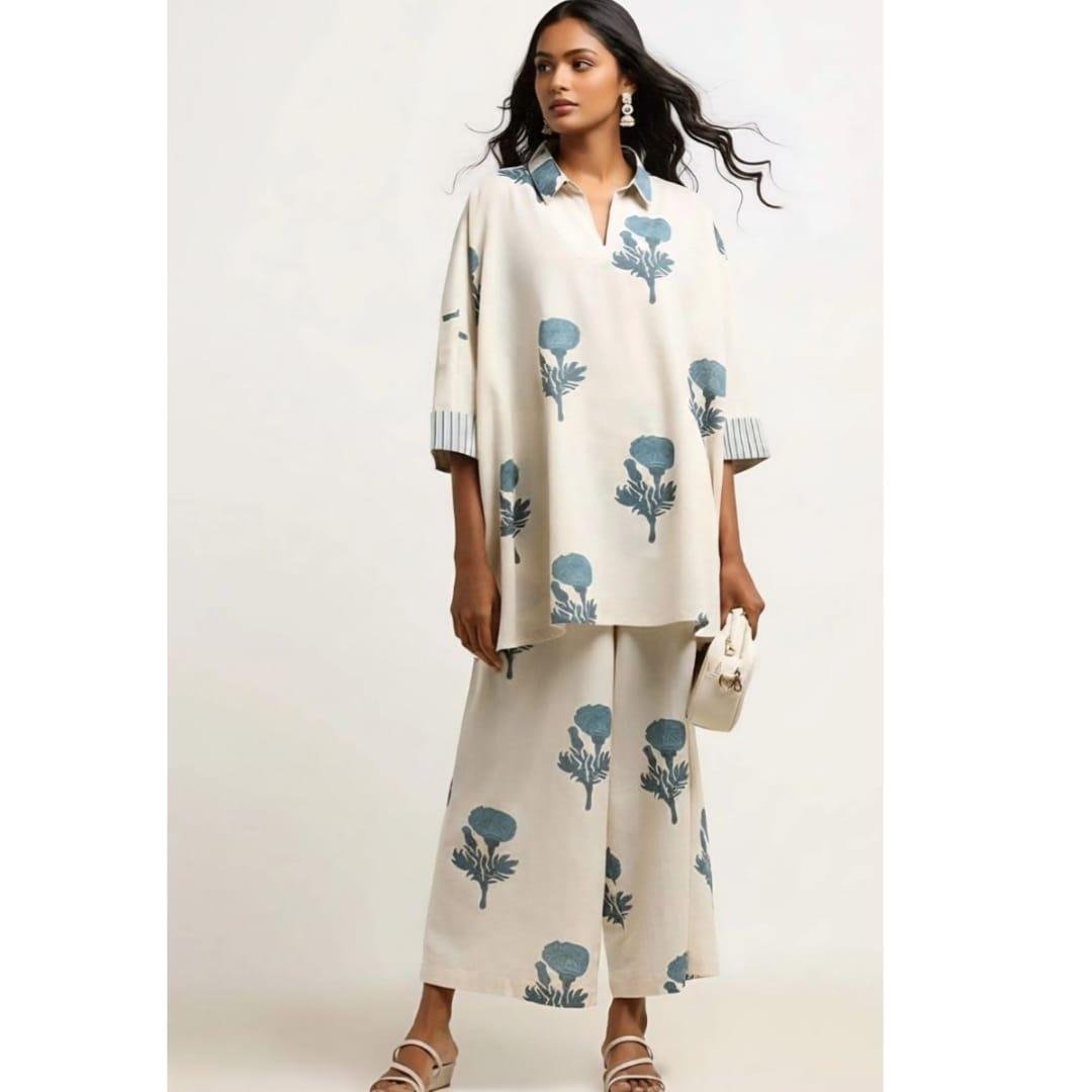 Classy Cotton Flex Off-White Printed Kurta with Divider Palazzo Set - Image 3