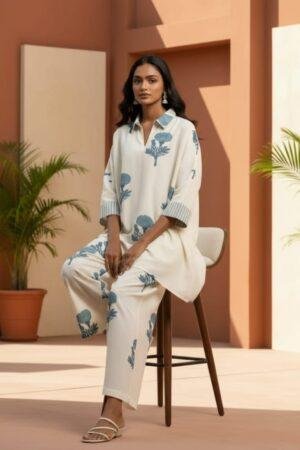 Classy Cotton Flex Off-White Printed Kurta with Divider Palazzo Set