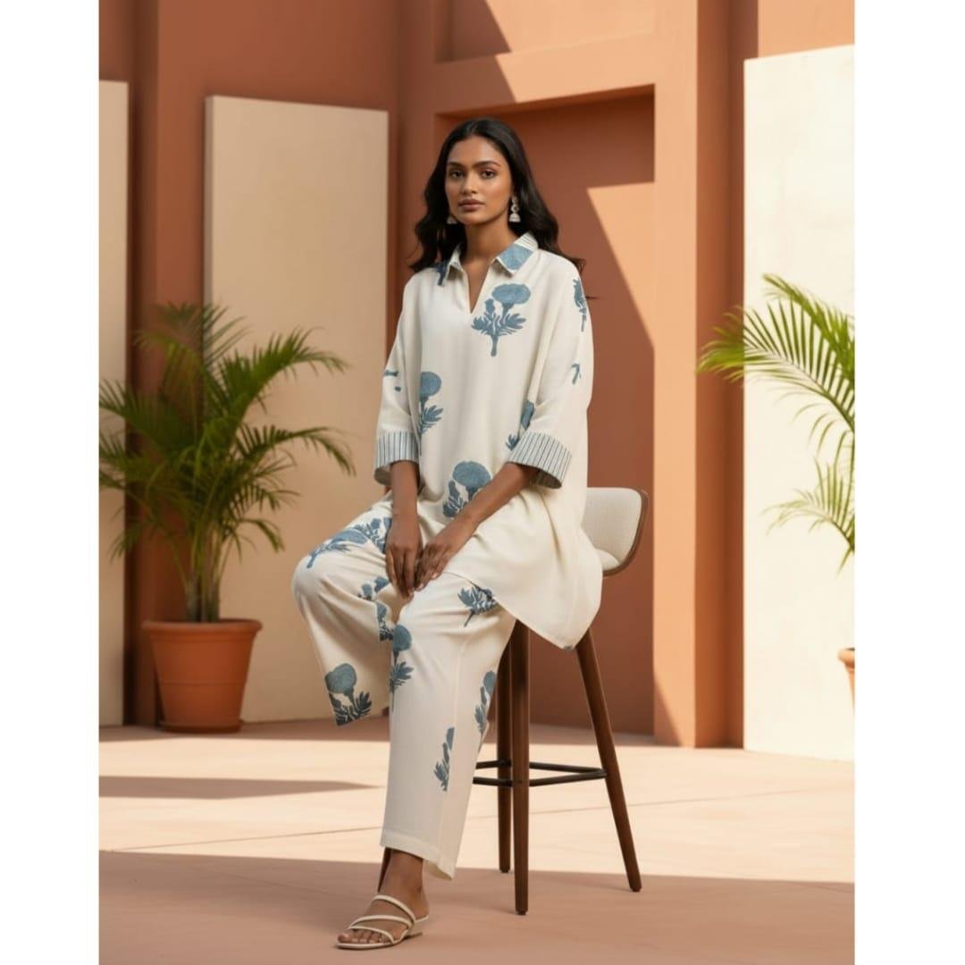 Classy Cotton Flex Off-White Printed Kurta with Divider Palazzo Set - Image 4