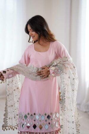 French Crepe Mirror Work Suit Sharara Set