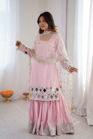 French Crepe Mirror Work Suit Sharara Set